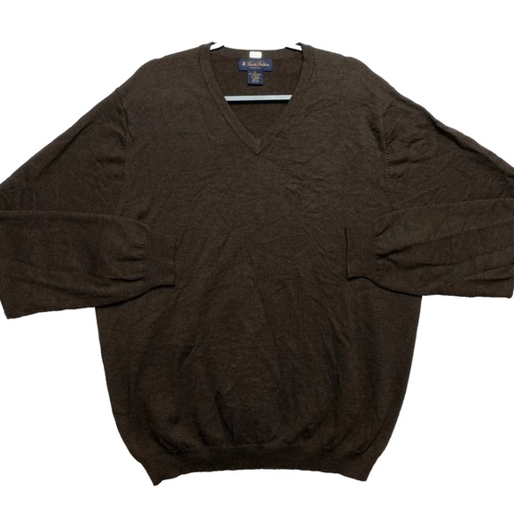 Brooks Brothers V-Neck Sweater Mens XL Brown Merino Wool Blend Pullover - Picture 1 of 10